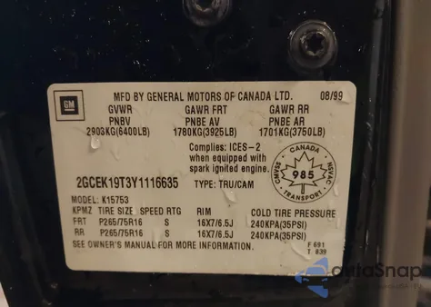 2000 Chevrolet Silverado 1500 Ls/Lt z USA, uszkodzony, nr VIN 2GCEK19T3Y1116635